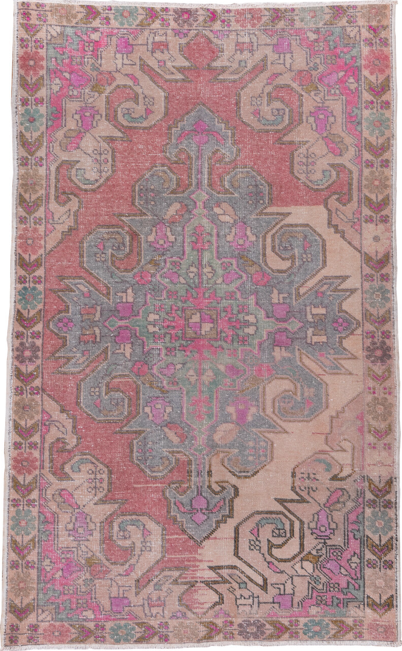 4' x 7' one-of-a-kind handmade vintage Oushak rug. Color palette: pink, gray, light gray, off-white, rosy brown, white, snow