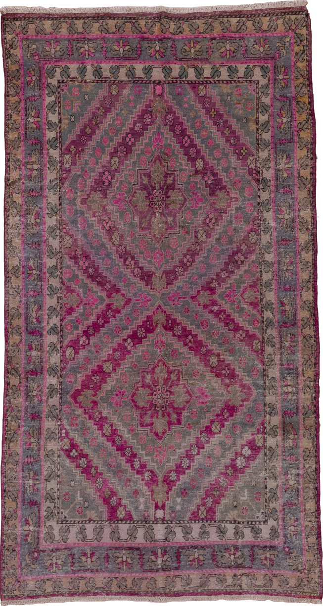 4' x 8' one-of-a-kind handmade vintage Khotan rug. Color palette: gray, pink, brown, red