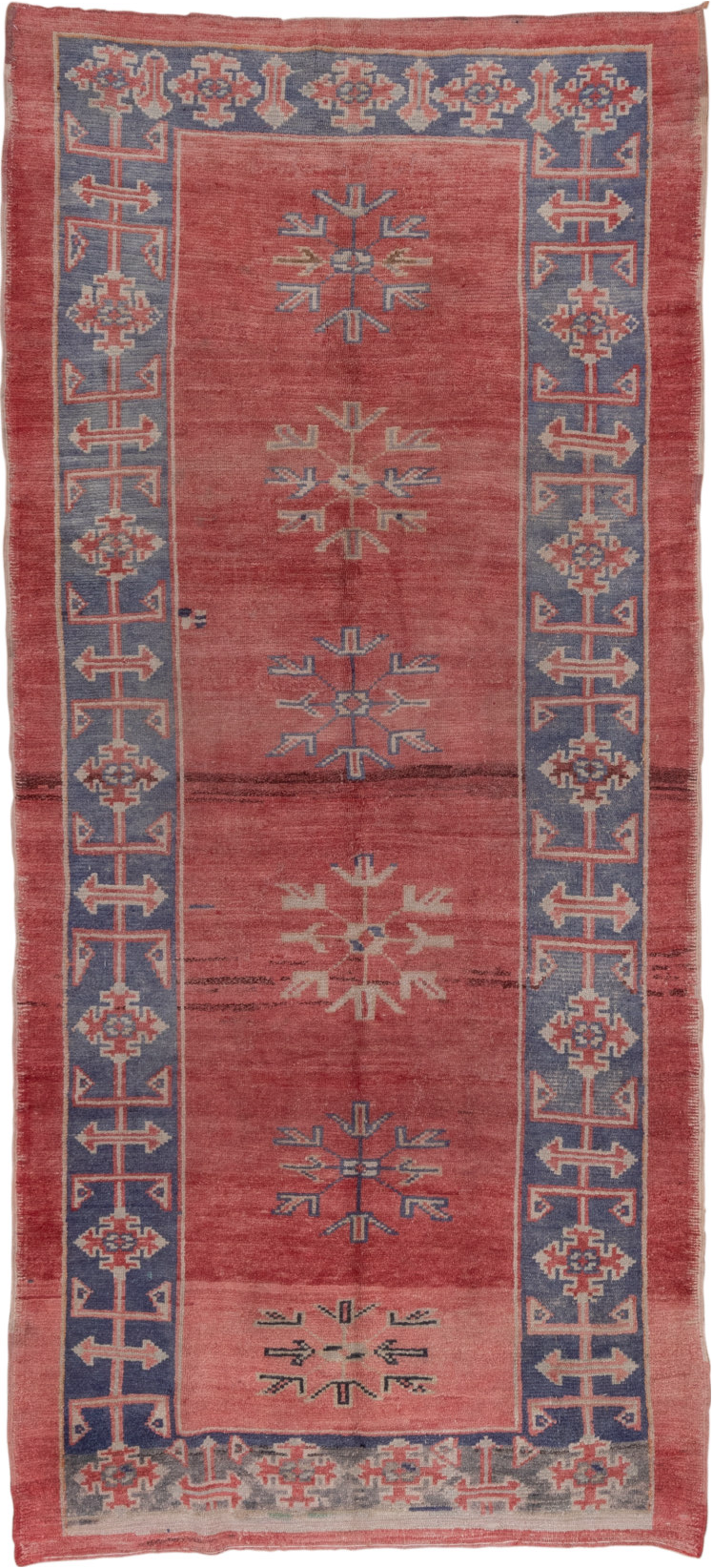 4' x 10' one-of-a-kind handmade vintage Oushak runner rug. Color palette: blue, brown, gray, pink, red