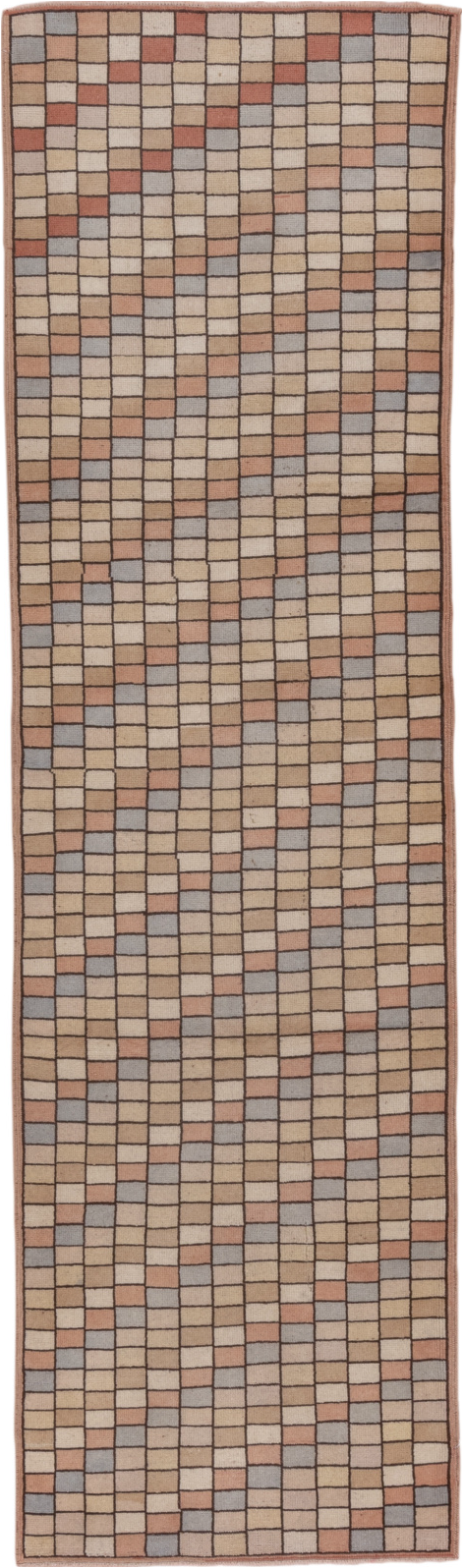 2' x 9' one-of-a-kind handmade vintage Tulu runner rug. Color palette: brown, gray, light gray, off-white, snow, white