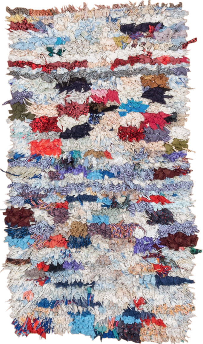 2' x 5' one-of-a-kind handmade vintage Rag Rug small size rug. Color palette: blue, brown, dark salmon, dim gray, gainsboro