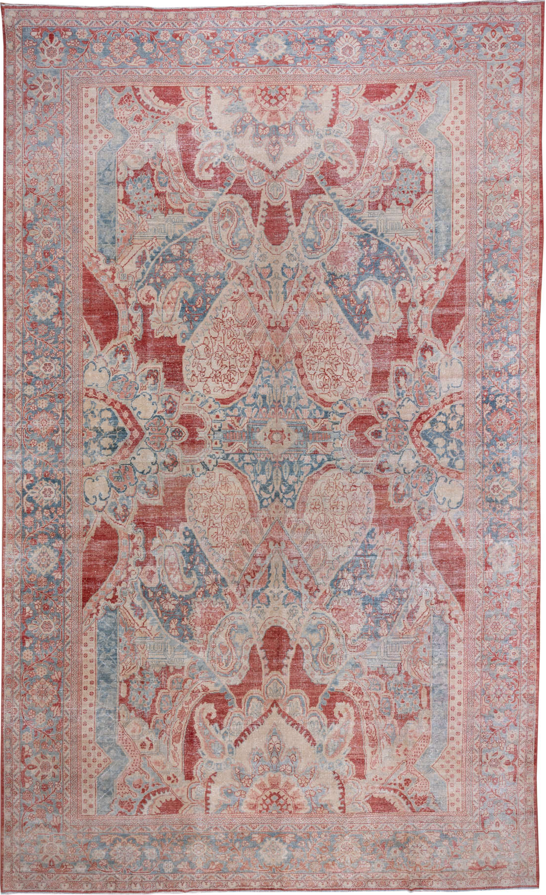 10' x 17' one-of-a-kind handmade vintage Mahal rug. Color palette: blue, brown, dark gray, gainsboro, gray, light gray