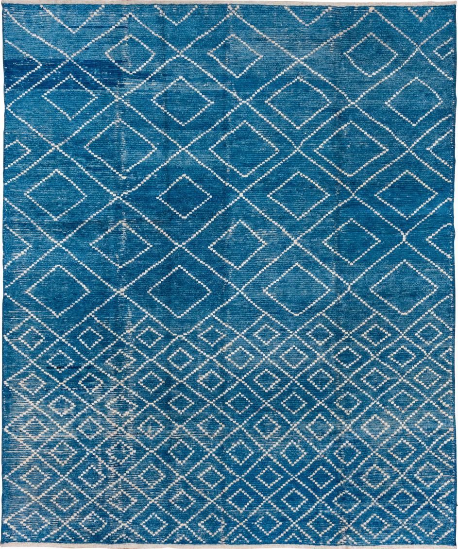 8' x 10' one-of-a-kind handmade vintage Tulu large size rug. Color palette: gray, blue, off-white, light gray, light blue