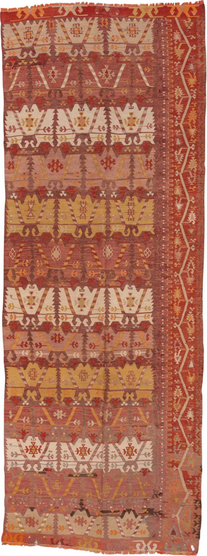 4' x 12' one-of-a-kind handmade vintage Kilim runner rug. Color palette: brown, red, redwood