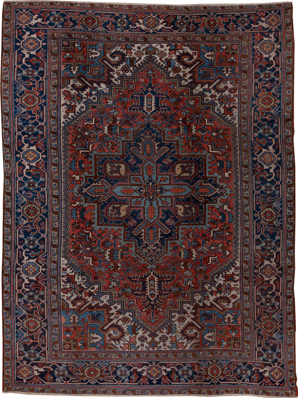 8' x 11' one-of-a-kind handmade vintage Heriz large size rug. Color palette: red, brown, gray, blue, pink, black, dim gray