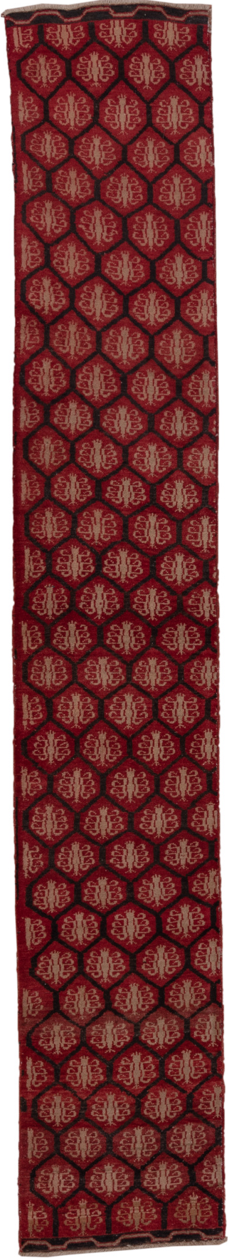 2' x 12' one-of-a-kind handmade vintage Oushak runner rug. Color palette: brown, gray, off-white, pink, red, snow, white