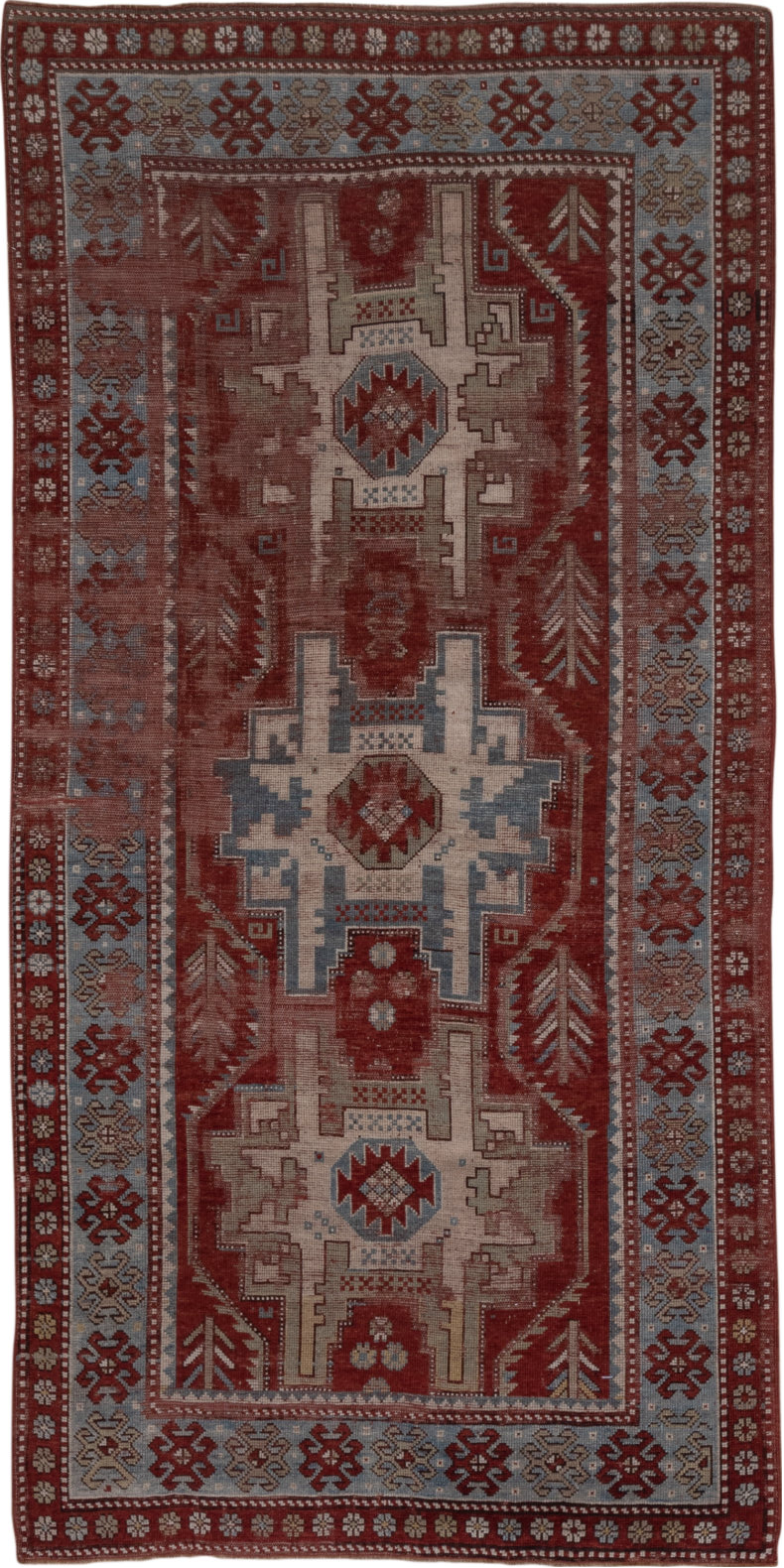 4' x 9' one-of-a-kind handmade vintage Kazak runner rug. Color palette: brown, dim gray, gray, light gray, pink, red
