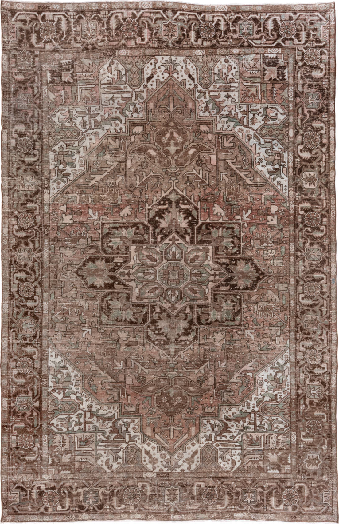 8' x 12' one-of-a-kind handmade vintage Heriz large size rug. Color palette: brown, gray, light gray, off-white, pink