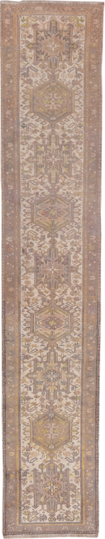 2' x 10' one-of-a-kind handmade vintage Karaje runner rug. Color palette: brown, gray, light gray, off-white, pink, snow