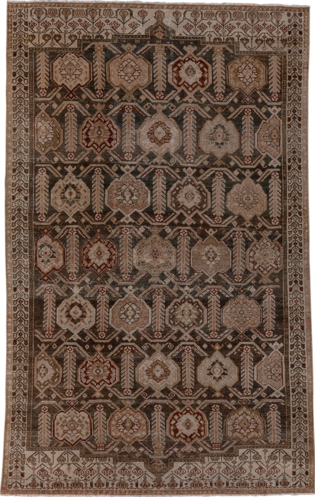 3' x 6' one-of-a-kind handmade vintage Malayer small size rug. Color palette: gray, brown, light gray, pink, black
