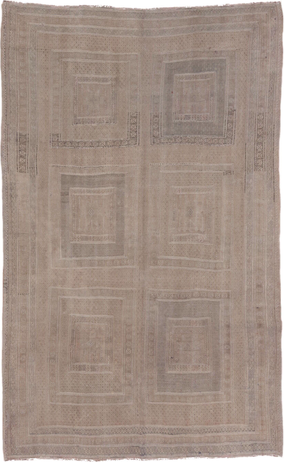 5' x 9' one-of-a-kind handmade vintage Jijim medium size rug. Color palette: gray, light gray, off-white, pink, snow, white