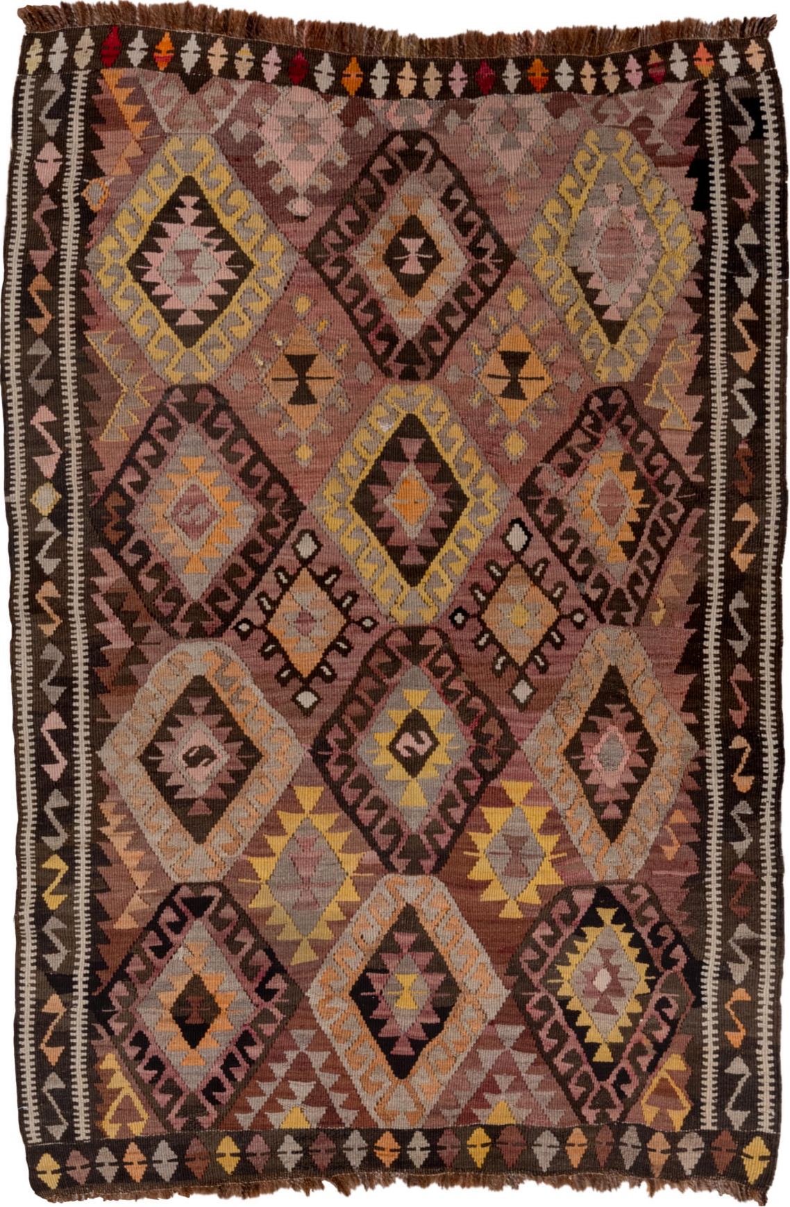 4' x 5' one-of-a-kind handmade vintage Kilim small size rug. Color palette: gray, brown, pink, off-white, black, light gray