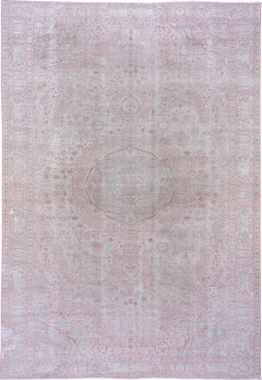 8' x 12' one-of-a-kind handmade vintage Sivas large size rug. Color palette: pink, gray, light gray, off-white, light blue