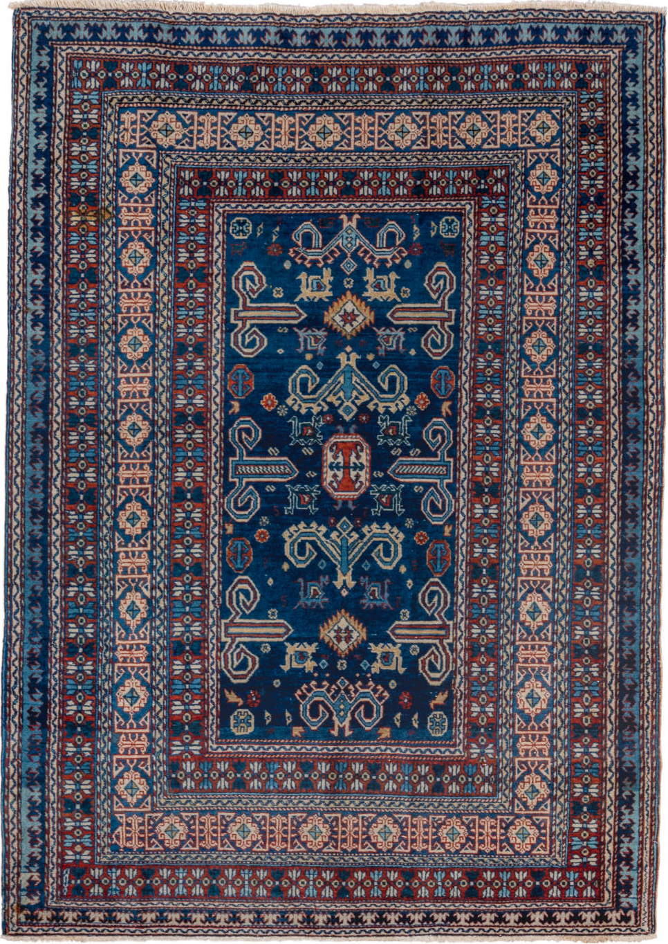 4' x 5' one-of-a-kind handmade vintage Shirvan small size rug. Color palette: blue, brown, dim gray, gray, light gray, pink