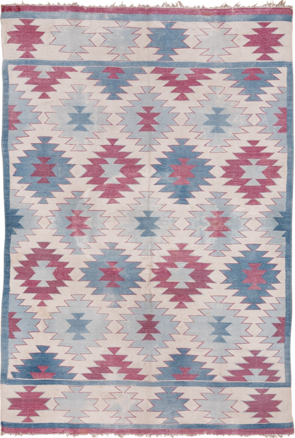 5' x 7' one-of-a-kind handmade vintage Dhurrie rug. Color palette: blue, dark gray, fiord, gainsboro, gray, light gray
