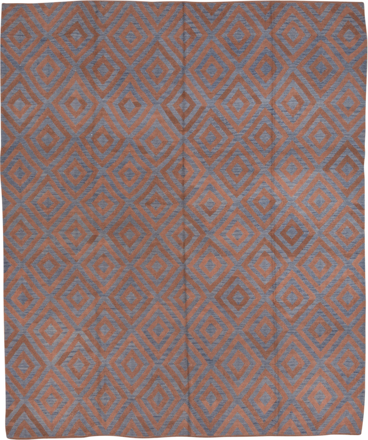 8' x 10' one-of-a-kind handmade vintage Kilim large size rug. Color palette: blue, brown, dim gray, gray, light gray