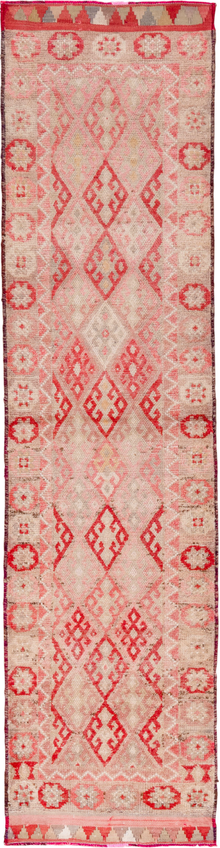 3' x 11' one-of-a-kind handmade vintage Oushak runner rug. Color palette: brown, indian red, off-white, orange, pink, red