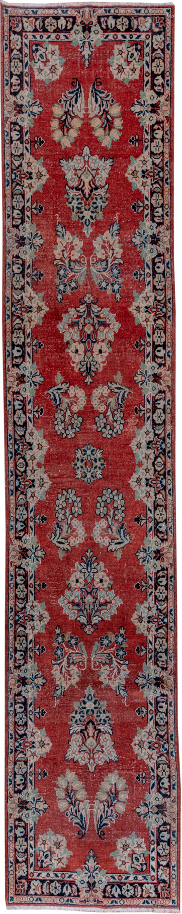 2' x 13' one-of-a-kind handmade vintage Mahal runner rug. Color palette: blue, brown, dim gray, gray, pink, red
