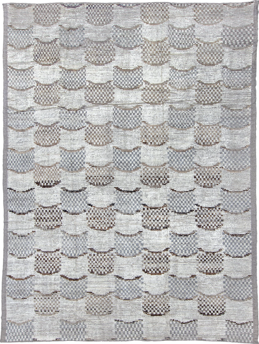 9' x 12' one-of-a-kind handmade vintage Tulu large size rug. Color palette: dark gray, dim gray, gainsboro, gray, light blue