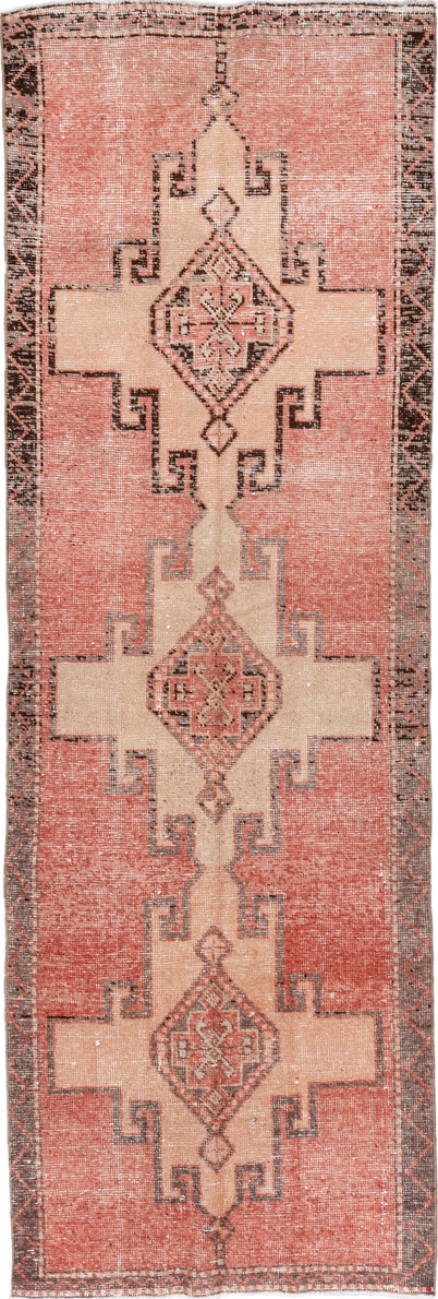 3' x 10' one-of-a-kind handmade vintage Oushak runner rug. Color palette: pink, brown, orange, off-white