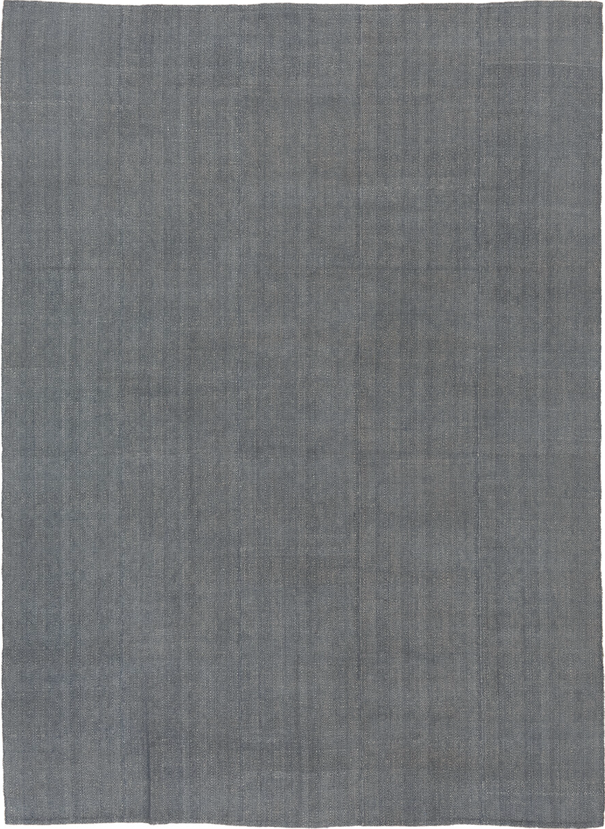9' x 12' one-of-a-kind handmade vintage Kilim large size rug. Color palette: gray, light gray, off-white, black, blue