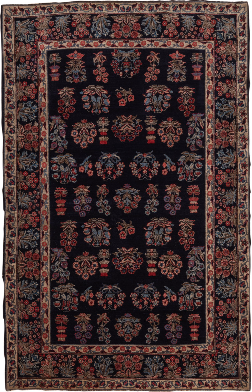 4' x 6' one-of-a-kind handmade vintage Far.Sarouk small size rug. Color palette: black, blue, brown, dim gray, gray, pink