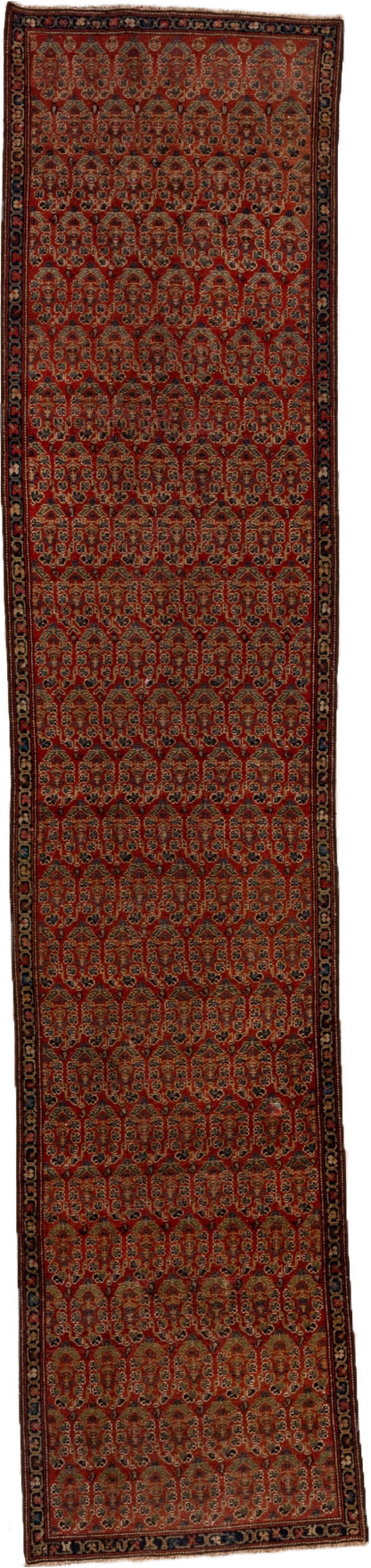 2' x 11' one-of-a-kind handmade vintage Malayer runner rug. Color palette: brown, off-white, pink, red, snow, white