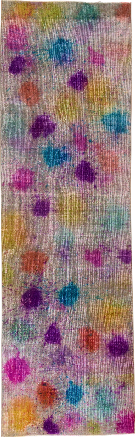 3' x 10' one-of-a-kind handmade vintage Overdyed runner rug. Color palette: blue, brown, gray, light gray, off-white, orange