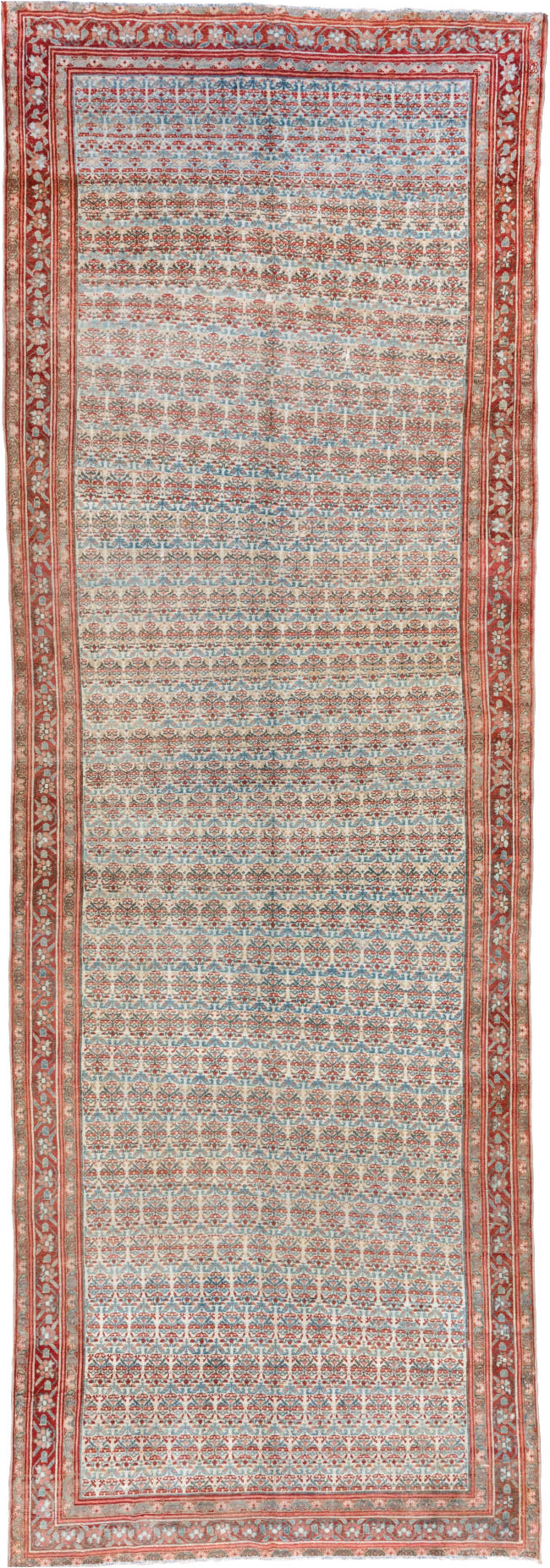 5' x 15' one-of-a-kind handmade vintage Malayer rug. Color palette: brown, dark gray, gray, light gray, off-white, pink, red
