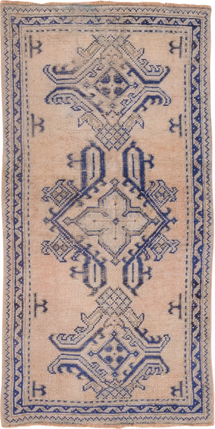 2' x 5' one-of-a-kind handmade vintage Oushak small size rug. Color palette: blue, brown, gray, light gray, off-white