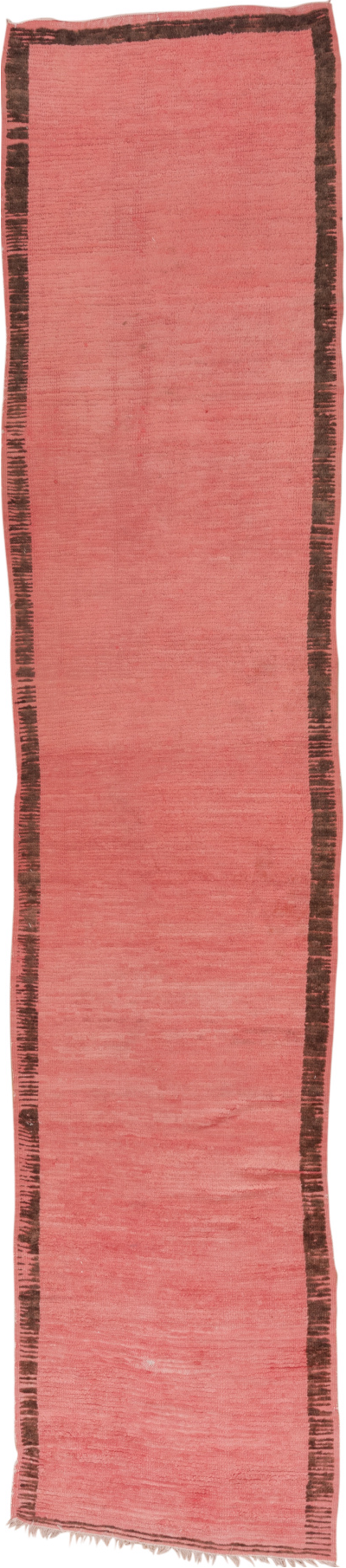 3' x 13' one-of-a-kind handmade vintage Rag Rug runner rug. Color palette: brown, indian red, off-white, pink, red, redwood