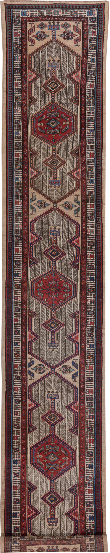 3' x 17' one-of-a-kind handmade vintage Sarab runner rug. Color palette: blue, brown, gray, light gray, pink, red, redwood