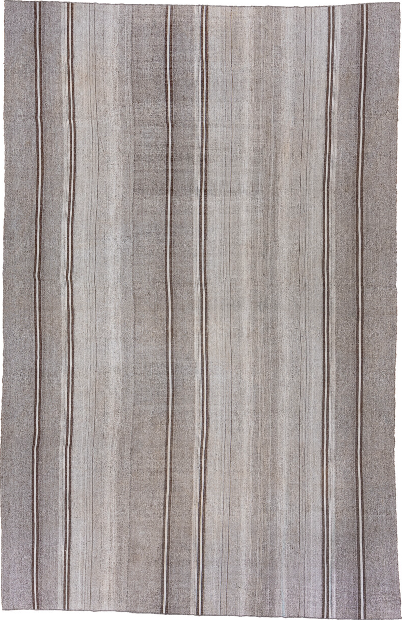 8' x 13' one-of-a-kind handmade vintage Flatweave large size rug. Color palette: gray, light gray, off-white, dark gray