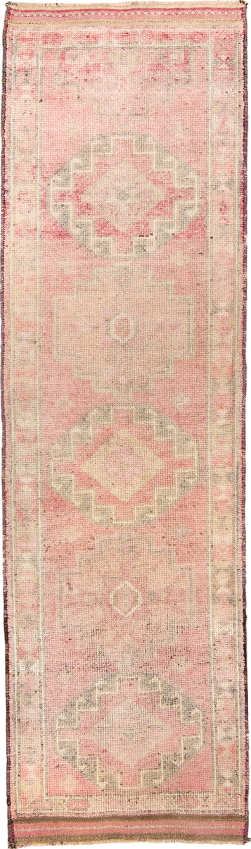 3' x 10' one-of-a-kind handmade vintage Kars runner rug. Color palette: orange, pink, off-white, brown, red, white, snow