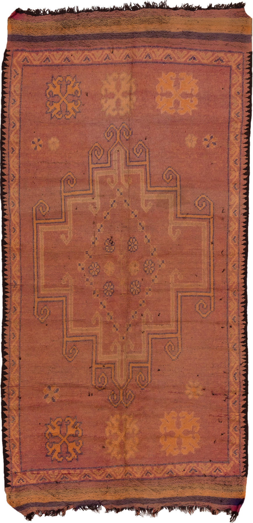 5' x 10' one-of-a-kind handmade vintage Moroccan medium size rug. Color palette: brown, gray, light gray, off-white, pink