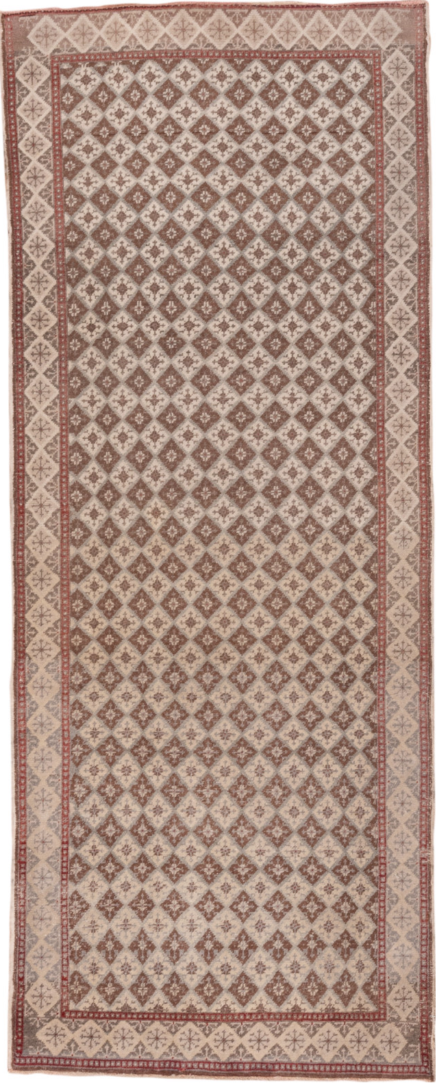 3' x 9' one-of-a-kind handmade vintage Oushak runner rug. Color palette: brown, gray, light gray, off-white, pink