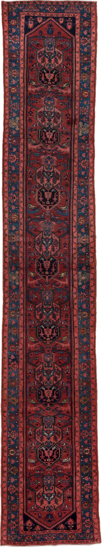 2' x 16' one-of-a-kind handmade vintage Malayer runner rug. Color palette: black, blue, brown, gray, off-white, pink, red