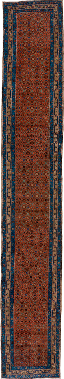 2' x 17' one-of-a-kind handmade vintage Heriz runner rug. Color palette: blue, gray, pink, brown, off-white, white, snow