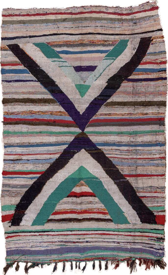 5' x 8' one-of-a-kind handmade vintage Rag Rug medium size rug. Color palette: gray, light gray, red, brown, blue, pink