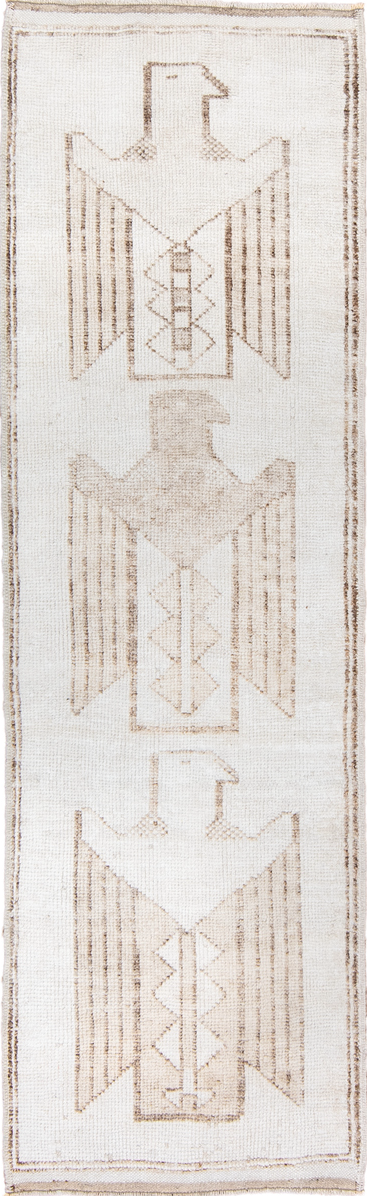 3' x 10' one-of-a-kind handmade vintage Kars runner rug. Color palette: off-white, gray, light gray, pink, brown, gainsboro