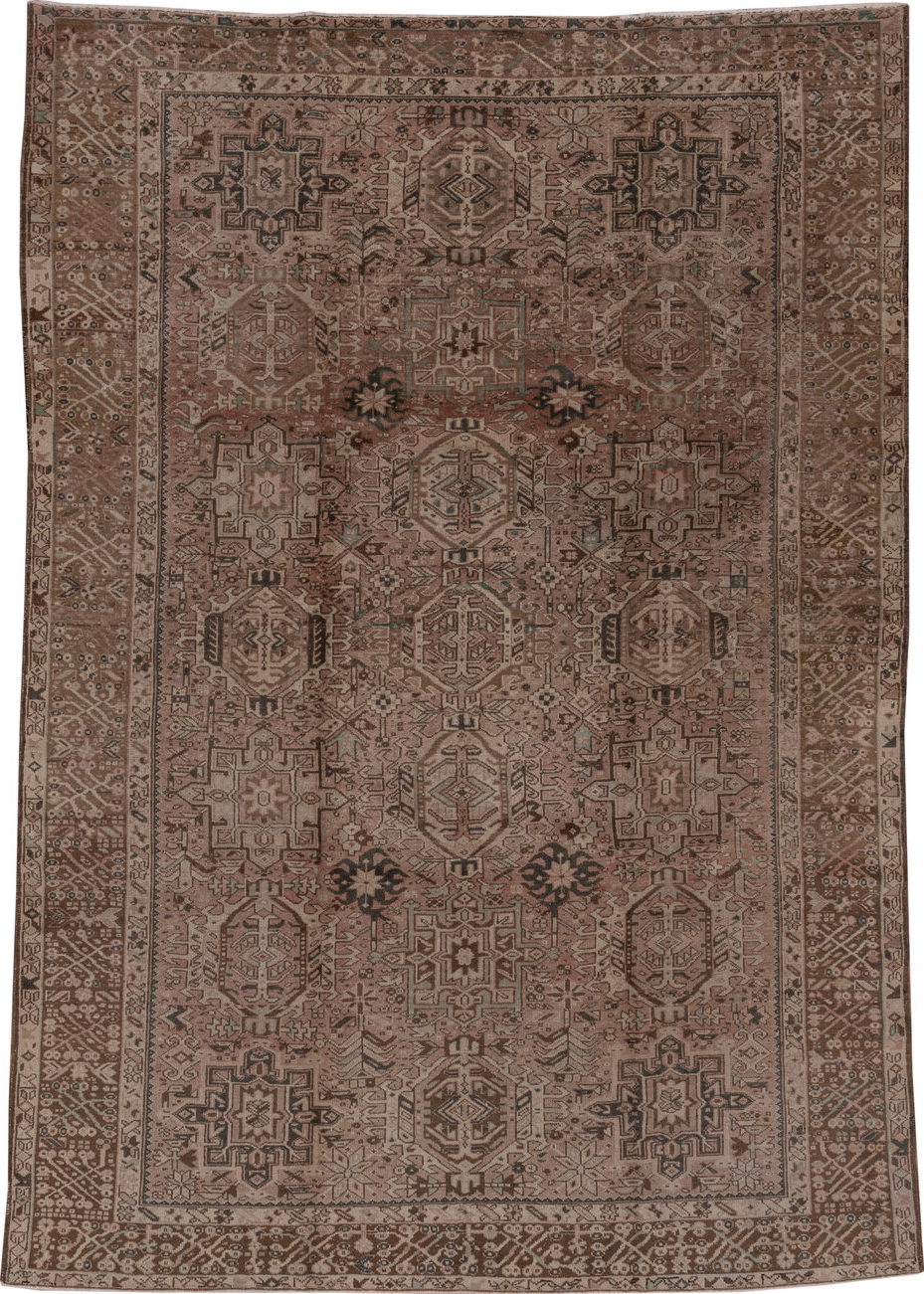 7' x 10' one-of-a-kind handmade vintage Karaje large size rug. Color palette: pink, gray, off-white, brown, light gray