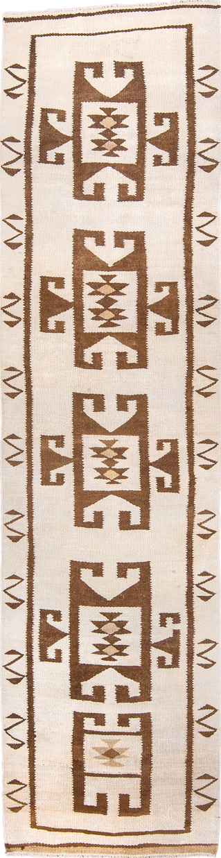 3' x 11' one-of-a-kind handmade vintage Kilim runner rug. Color palette: brown, pink, off-white, yellow, orange, gray