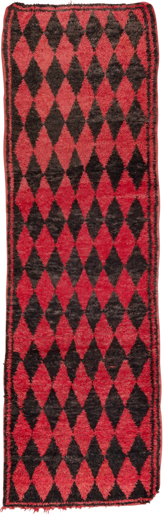3' x 11' one-of-a-kind handmade vintage Moroccan runner rug. Color palette: black, brown, gray, indian red, pink, red