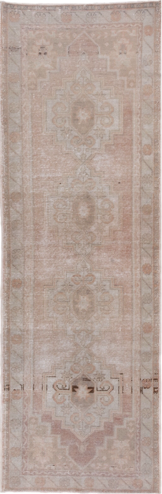 3' x 9' one-of-a-kind handmade vintage Oushak runner rug. Color palette: brown, gray, light gray, off-white, pink, snow