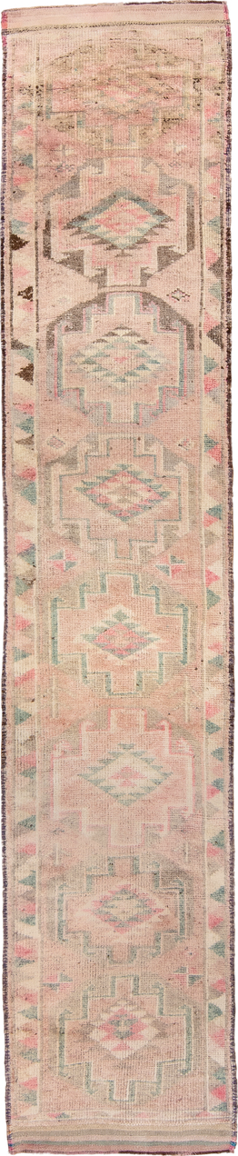 2' x 10' one-of-a-kind handmade vintage Kars runner rug. Color palette: off-white, orange, brown, gray, pink, white, snow