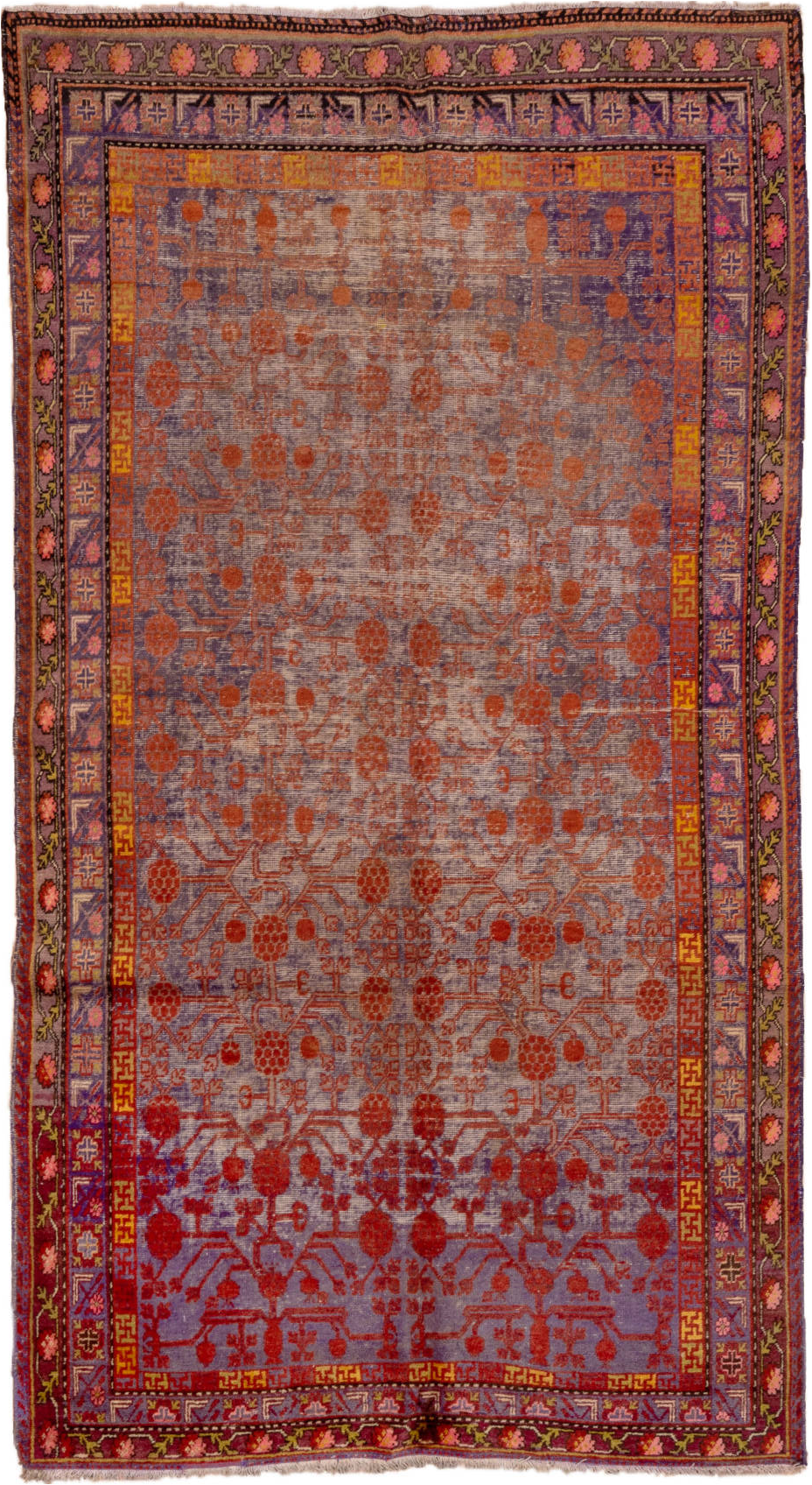 6' x 11' one-of-a-kind handmade vintage Khotan large size rug. Color palette: brown, gray, pink, red, yellow