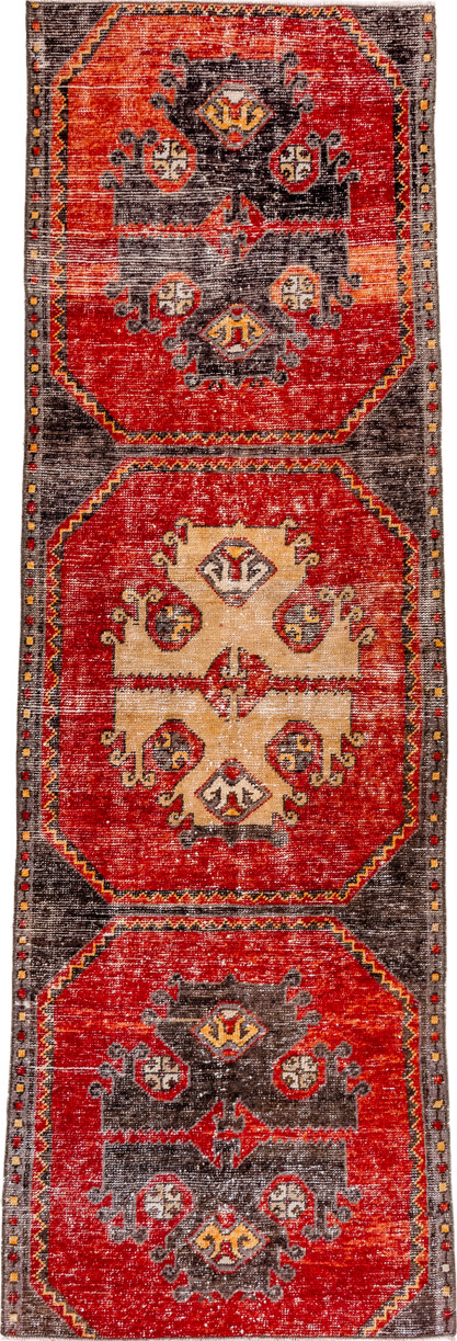2' x 8' one-of-a-kind handmade vintage Oushak runner rug. Color palette: red, brown, pink, orange, gray, black, off-white