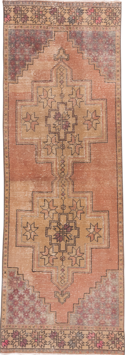 3' x 9' one-of-a-kind handmade vintage Oushak runner rug. Color palette: brown, orange, gray, pink, light gray, off-white