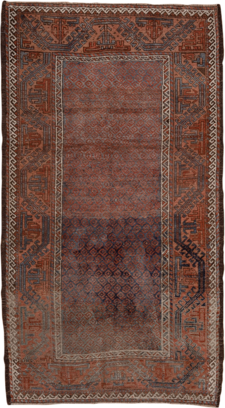 3' x 6' one-of-a-kind handmade vintage Belouch small size rug. Color palette: brown, gray, light gray, pink, red, redwood