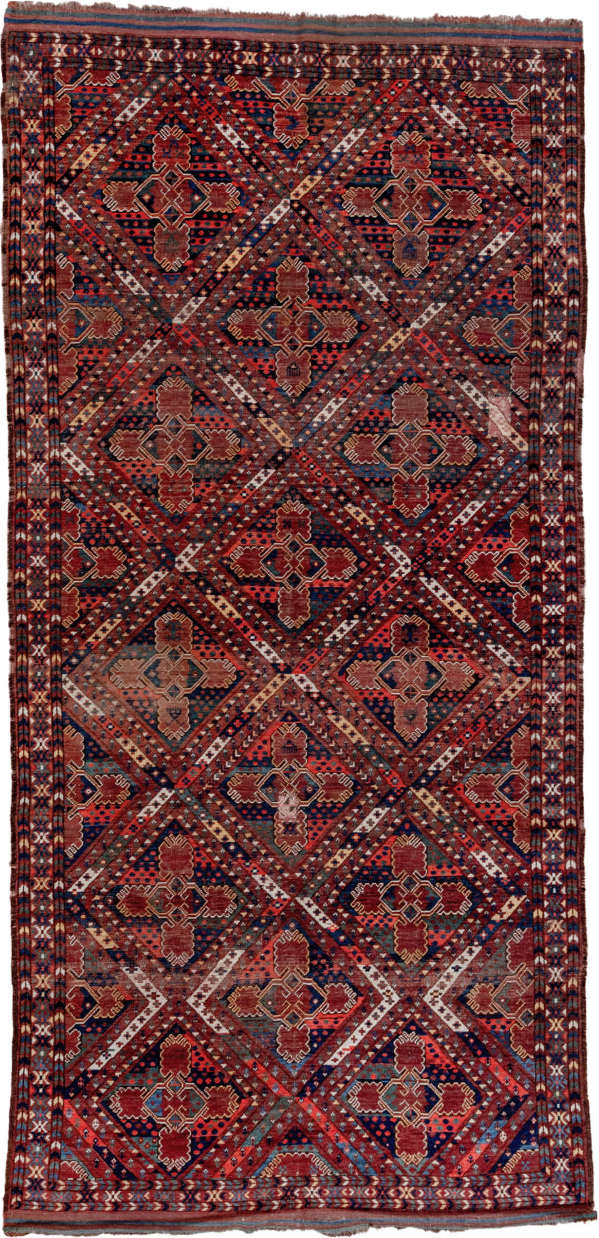 5' x 10' one-of-a-kind handmade vintage Beshir medium size rug. Color palette: gray, pink, brown, red, black, blue